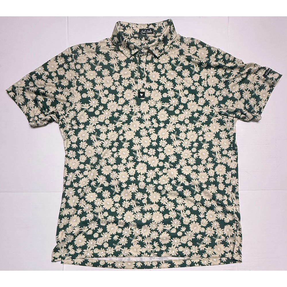 Bad Birdie Mens Floral Golf Polo Shirt Green Cream 2XL Performance Stretch AOP